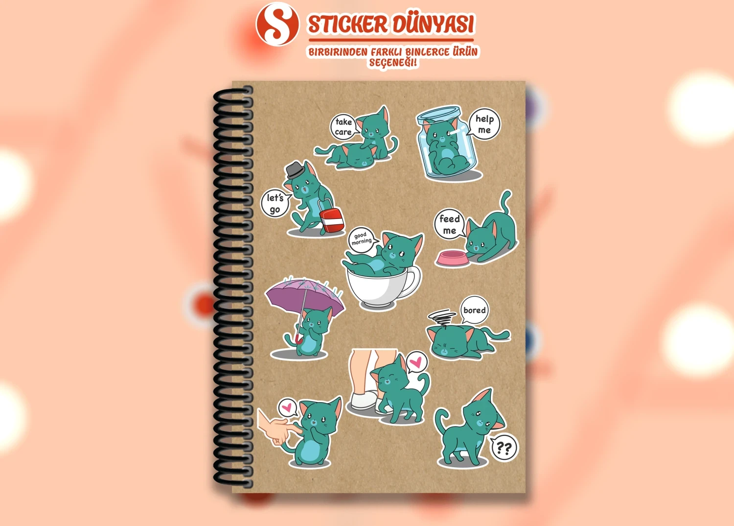 Sevimli Kedi Temalı Sticker Koleksiyonu (Yeşil-Kedi2) görsel 3